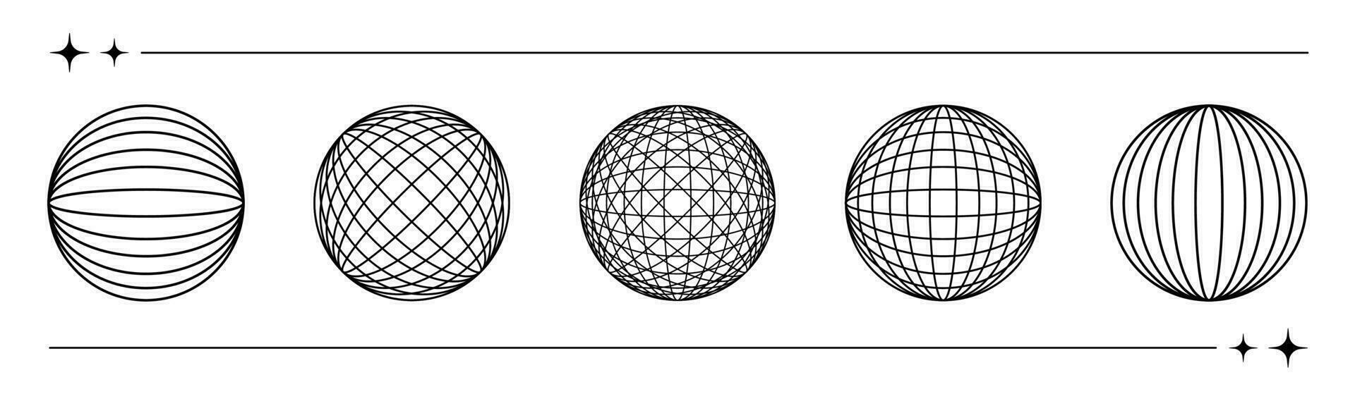 de moda conjunto de y2k retro futurismo elementos, esferas y globos, 3d estructura metálica modelos, dimensional gráfico diseño formas vector