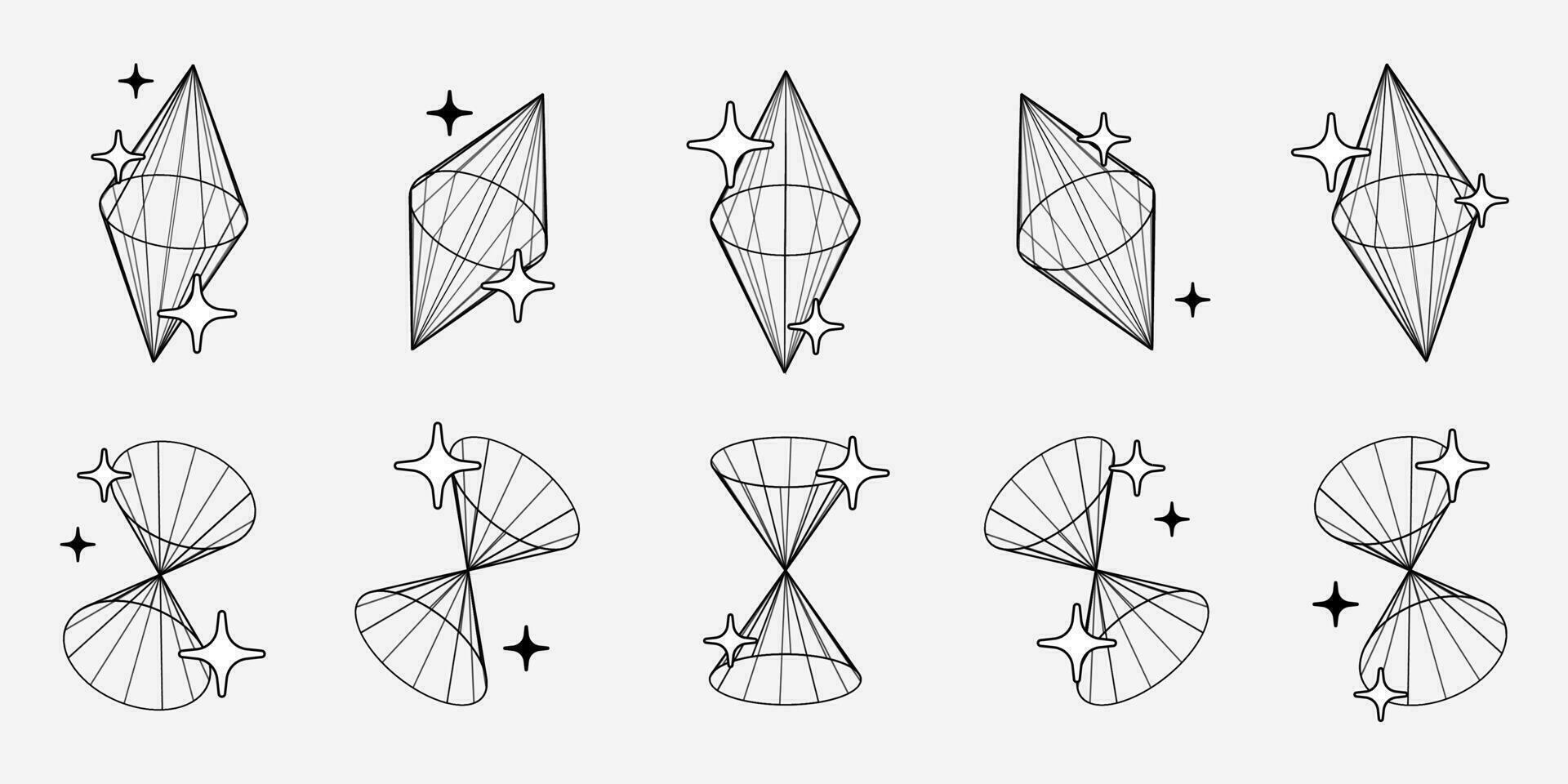 de moda conjunto de y2k retro futurismo elementos, diamantes y túneles, 3d estructura metálica modelos, dimensional gráfico diseño formas vector