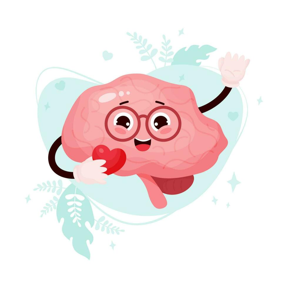 Cute cartoon brain character. Funny smiling human organ in glasses with heart in his hands. Vector illustration. Central nervous system organ romantic mascot.