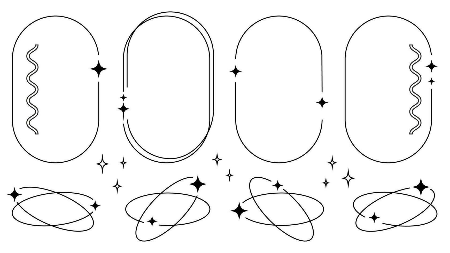 y2k arco y imagen marcos, negro línea Arte marcos y fronteras con negro estrellas, vector fronteras