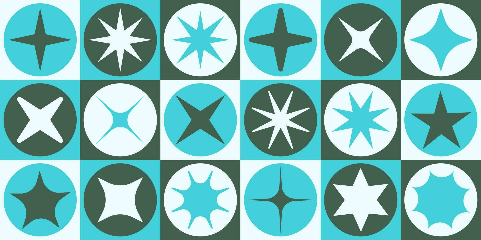 Y2K trendy shape pattern with stars and sparkles incide colored tiles, 2000s geometric decorative pattern. vector