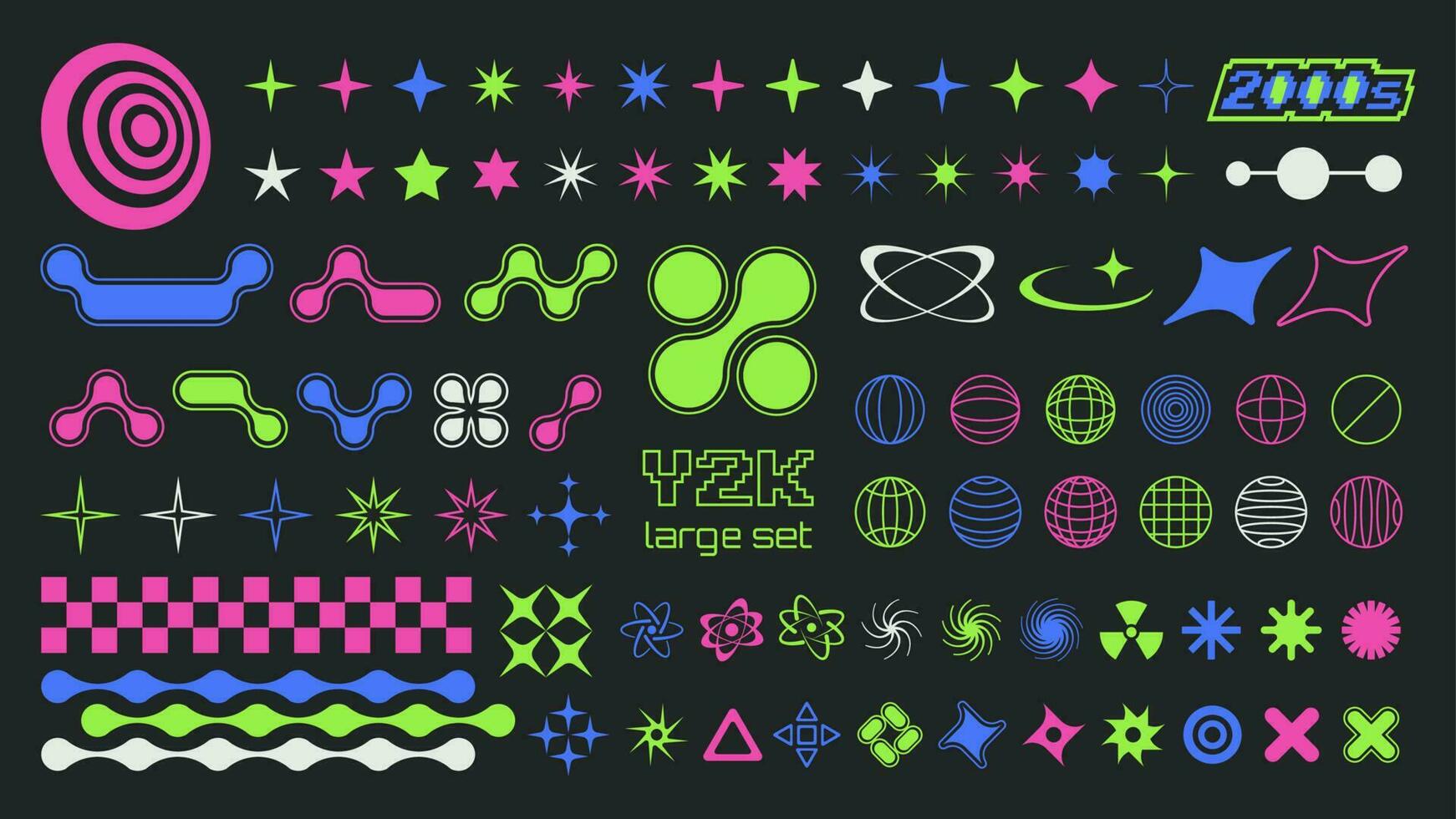 Trendy set of Y2k elements for graphic design. Geometric brutalism shapes, memphis graphic elements. Star shapes, symbols and metaballs in y2k style. vector