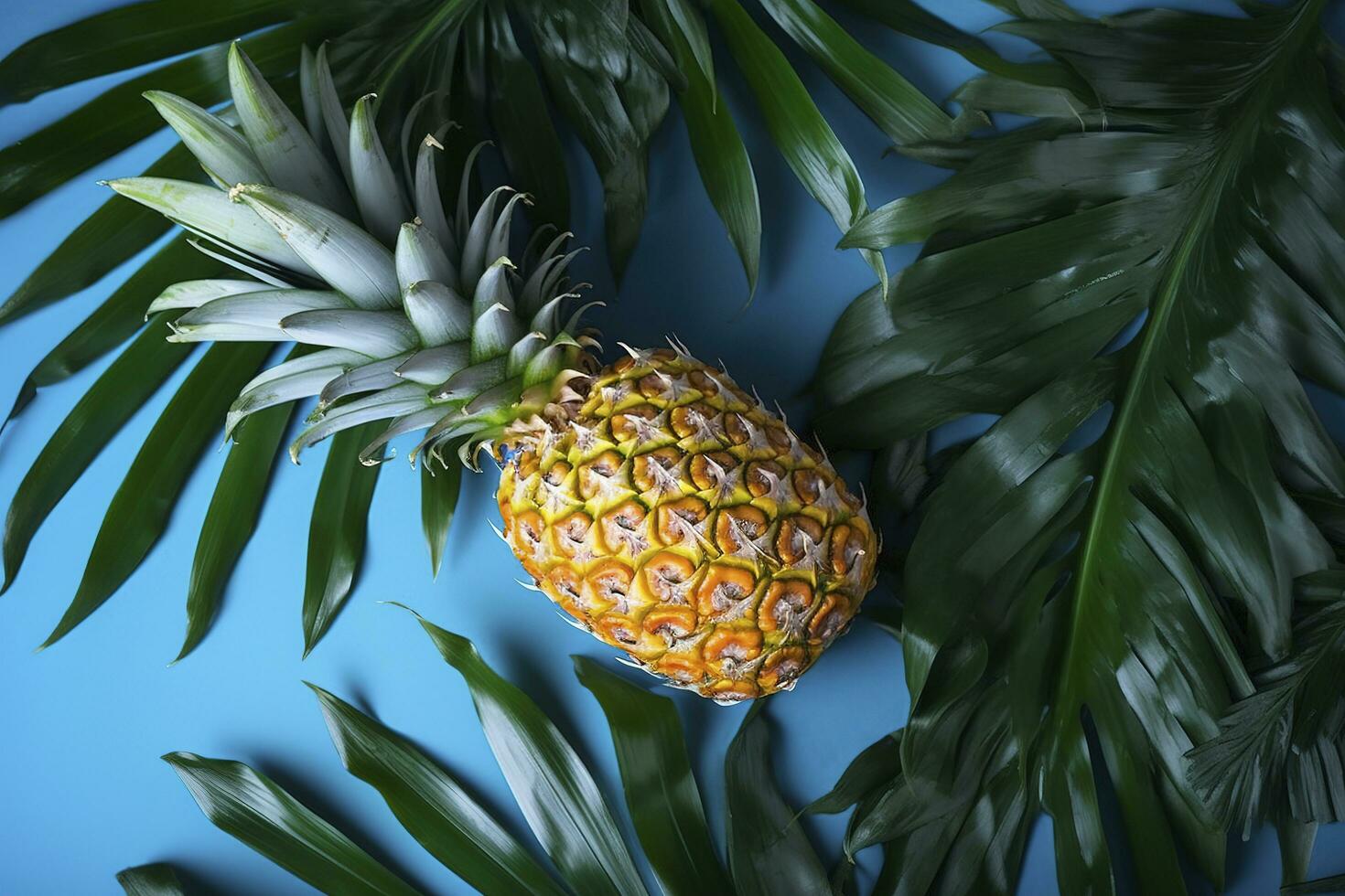Top view of fresh pineapple with tropical leaves on blue background. , generate ai photo