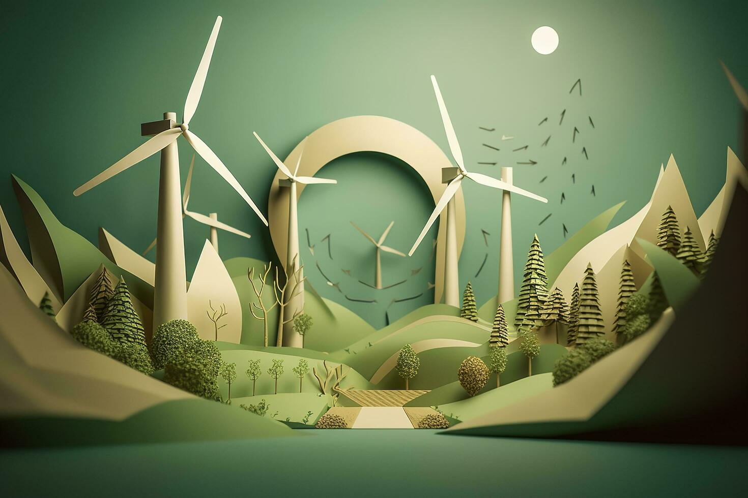 papel arte, renovable energía con verde energía tal como viento turbinas, renovable energía por 2050 carbón neutral energía, energía consumo, y co2, reducir co2 emisión concepto, generar ai foto