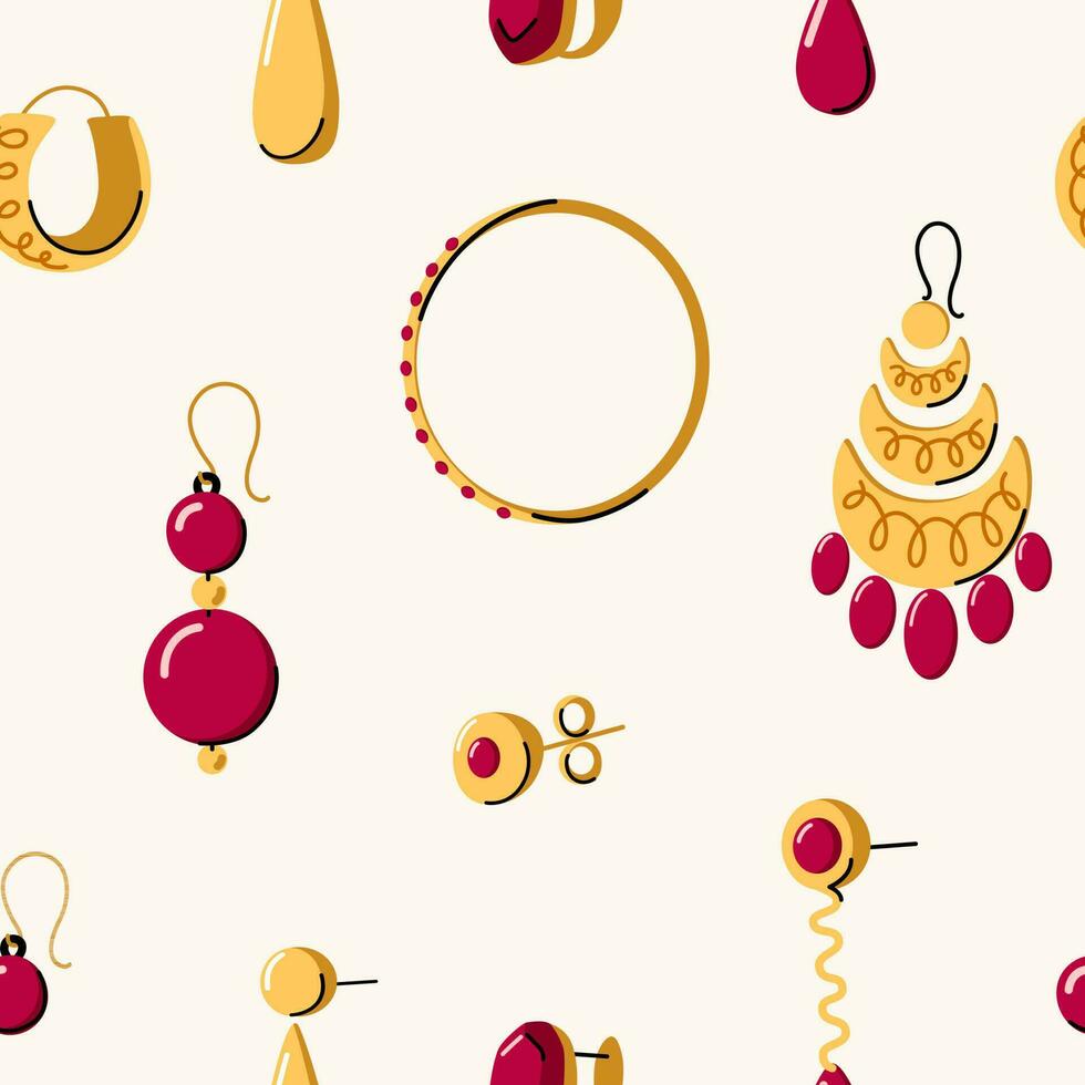 Gold earrings doodle seamless pattern. Golden jewelry background design