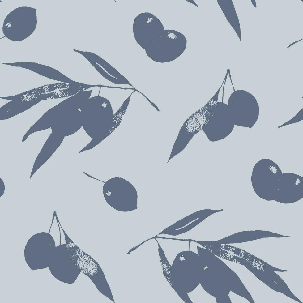 Olive silhouettes botanical seamless patten on grey background. Textured endless print design for olive oil, natural cosmetics, wrapping, kitchen textile. vector