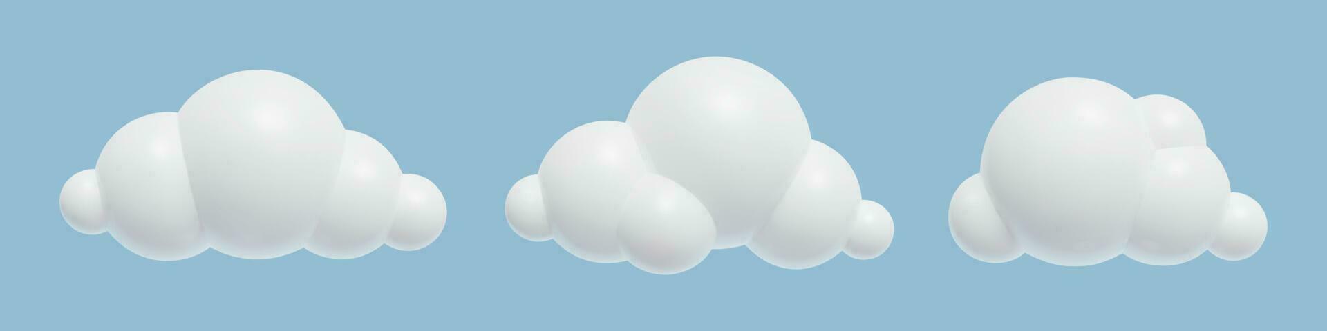 3d white Clouds set. Glossy Plastic cartoon three dimensional design elements collection. Relistic vector illustration.