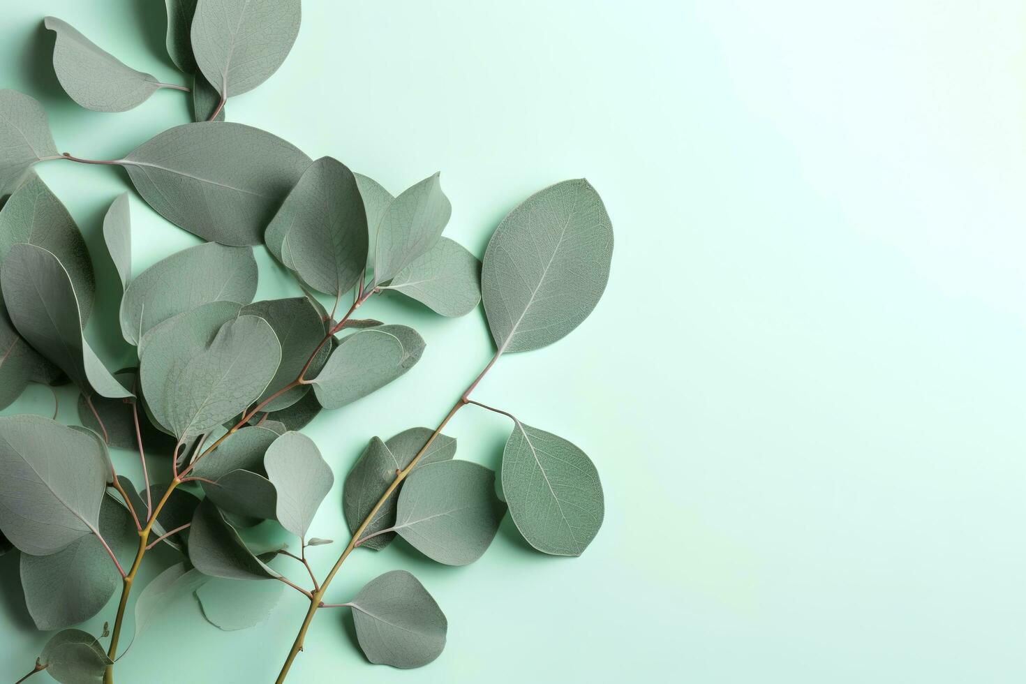 Natural eucalyptus leaves on mint pastel green background. Flat lay floral composition, top view, copy space, generate ai photo