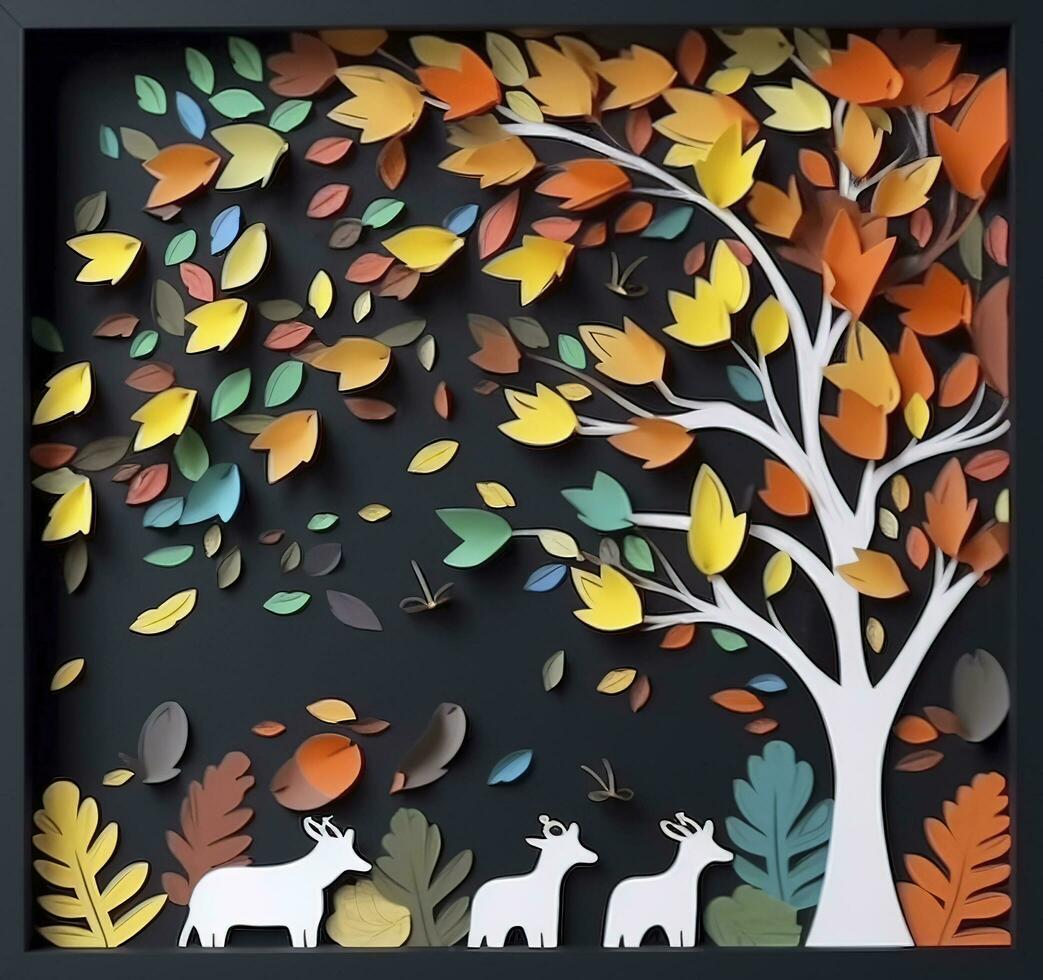 3d colorful illustration of ginkgo leaves, deer, and leaves in dark background. minimalist hand-painted canvas art wall frame decor, generate ai photo