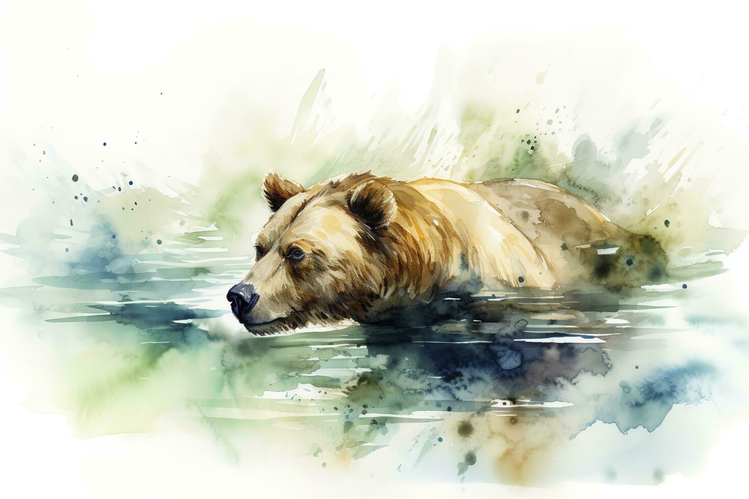 A bear fishing in a river watercolor painting, beautiful natural forms, crisp clean shapes, colorful, white background, generate ai photo