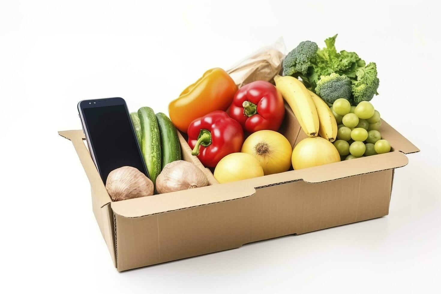 smartphone with food delivery application over table with fresh groceries isolated on white background, generate ai photo