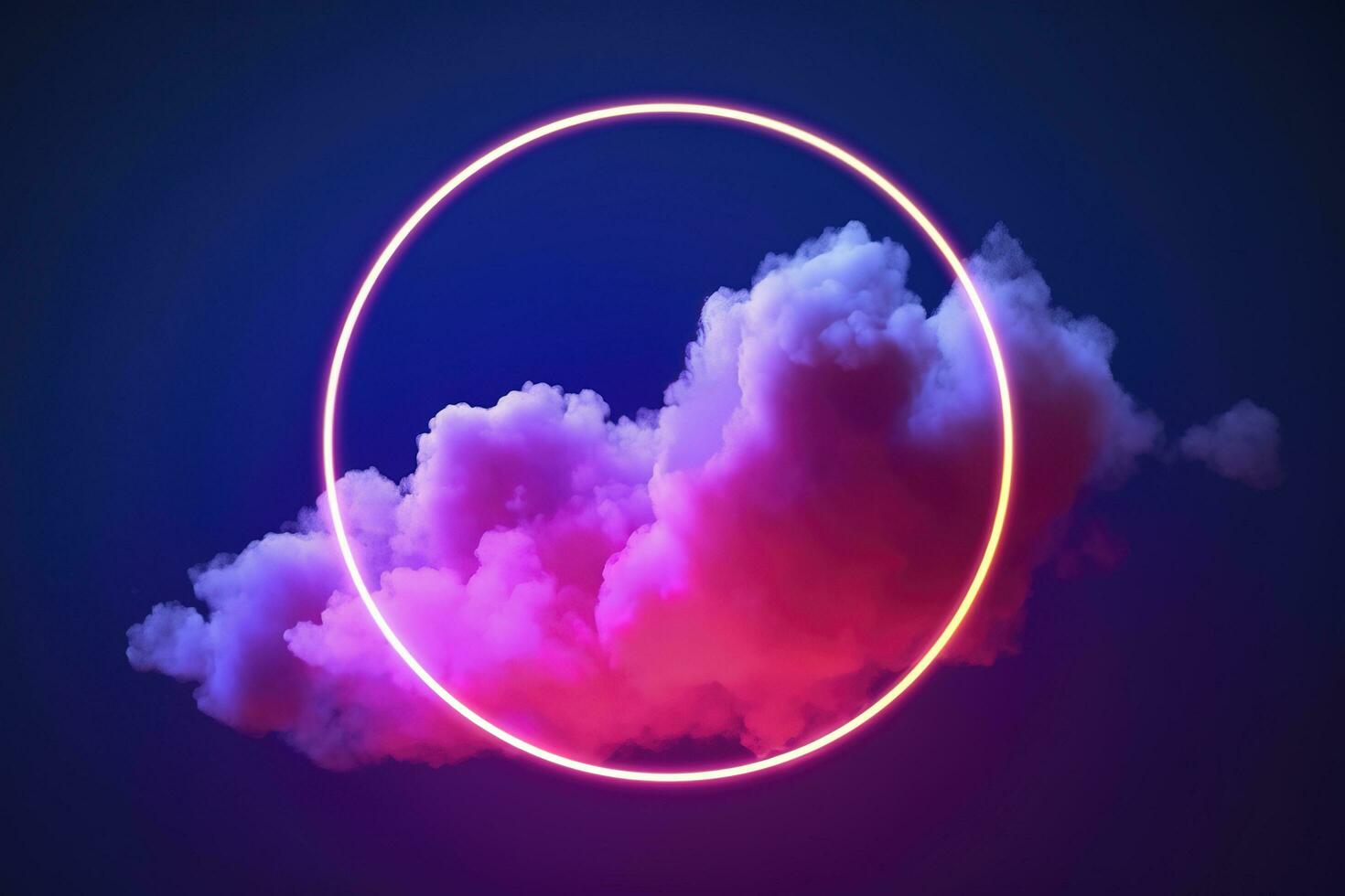 3d render, abstract cloud illuminated with neon light ring on dark night sky. Glowing geometric shape, round frame, generate ai photo
