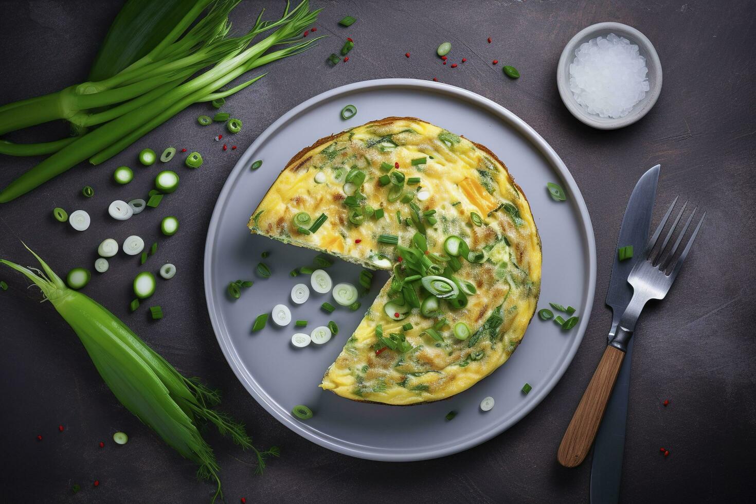 Traditional Italian vegetable frittata with zucchini, spring onion and cheese served as a top view on a Nordic design plate with copy space, generate ai photo