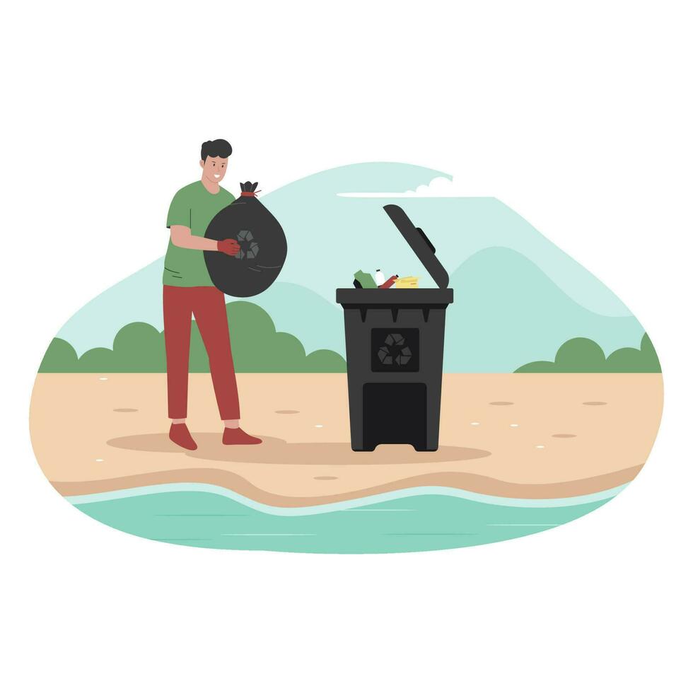 Flat design of people throw garbage in the trash vector