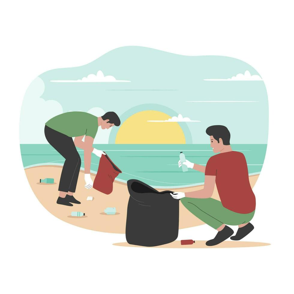 Flat design of people cleaning up beach from wastes vector