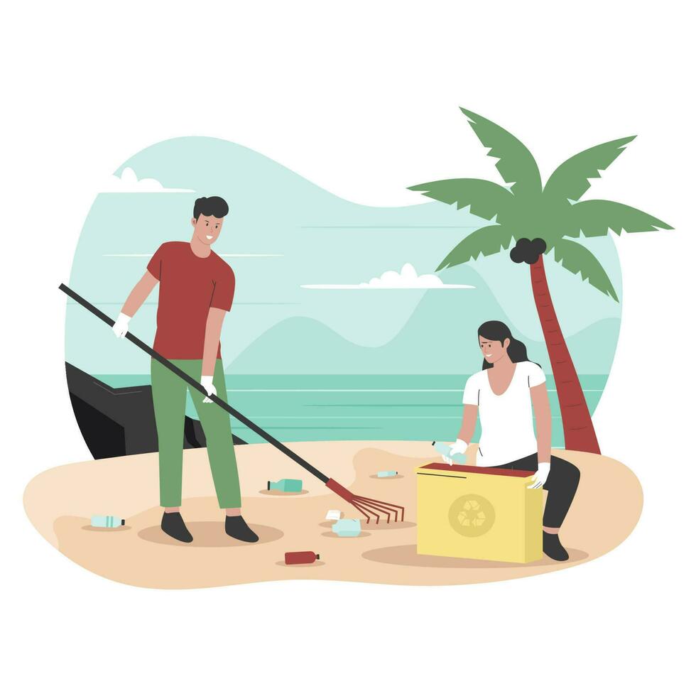 Flat design of people cleaning up beach from wastes vector