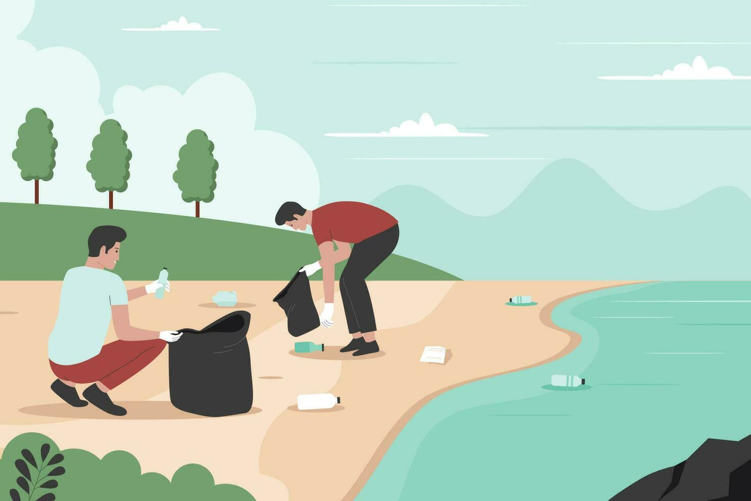 Flat design of volunteers cleaning beach from trash vector