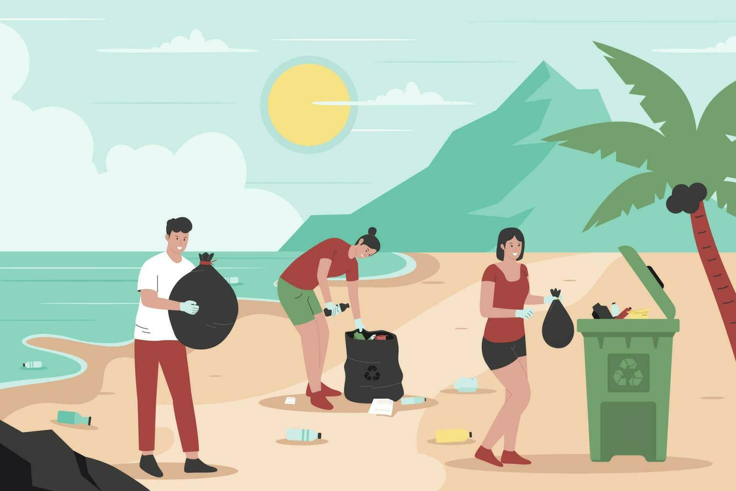Flat design of volunteers cleaning beach from trash vector