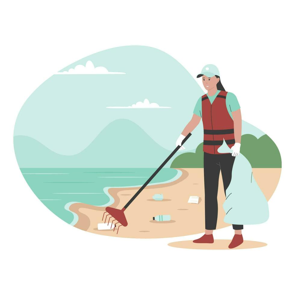 Flat design of beach workers clean up trash on the beach vector