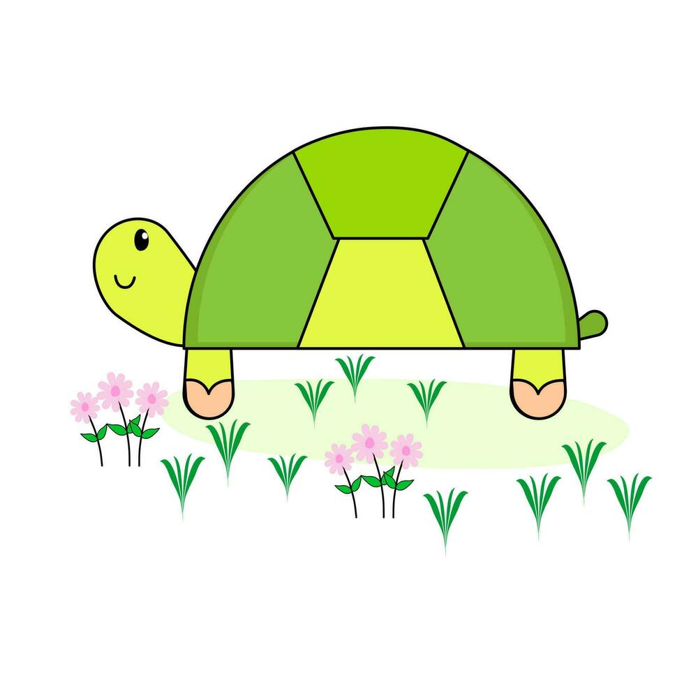 Cute cartoon turtle on green filed. vector