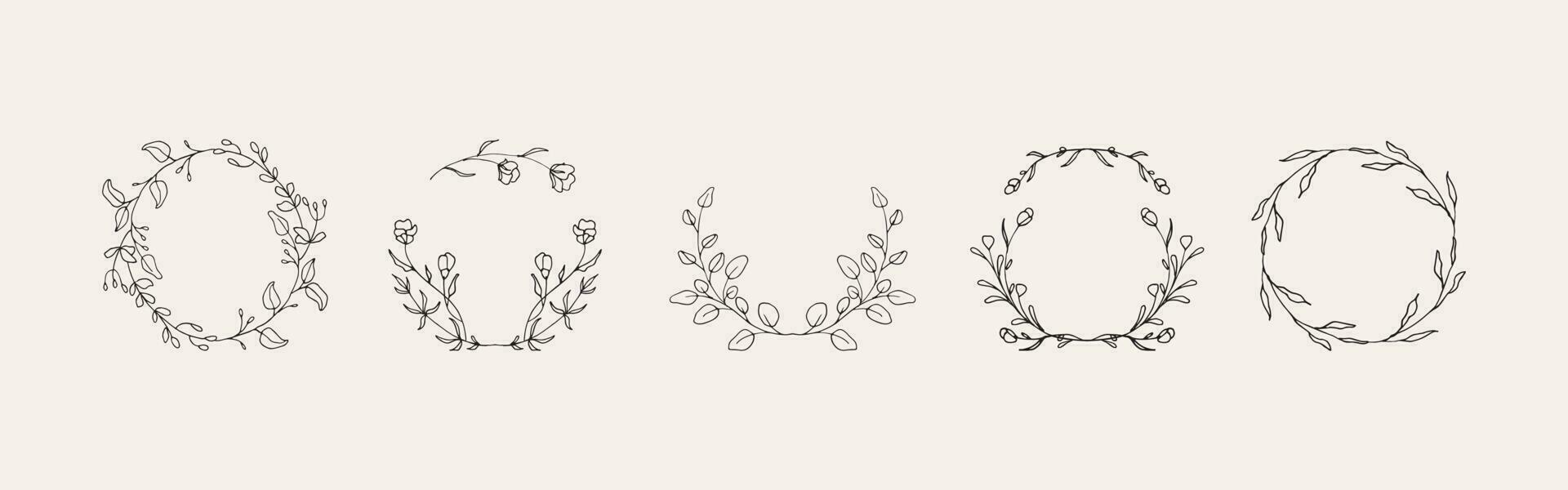 Set of round floral hand drawn frame vector