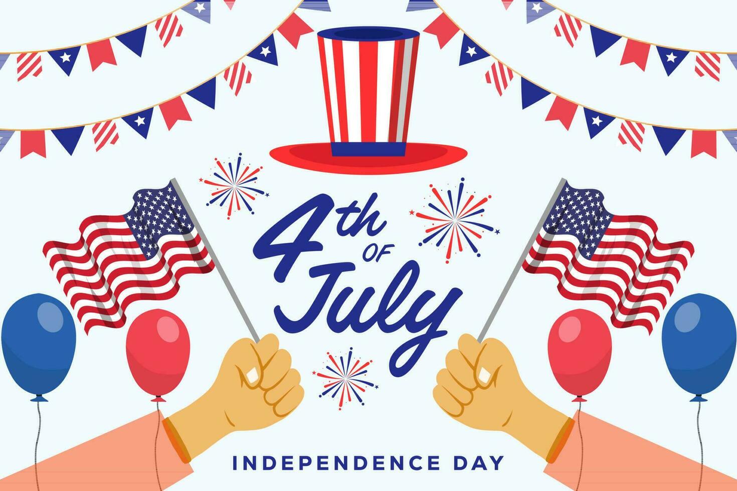 flat design 4th of july celebration background illustration with hands and flags vector