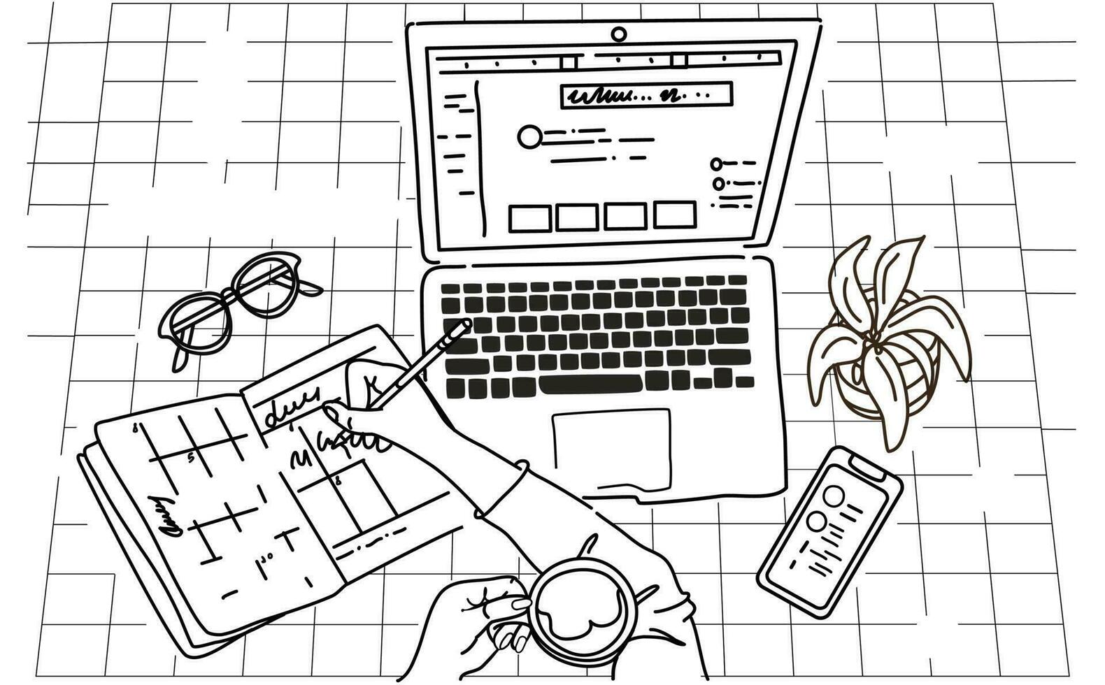 remote work, black and white laptop,book, cell phone, coffee, plant