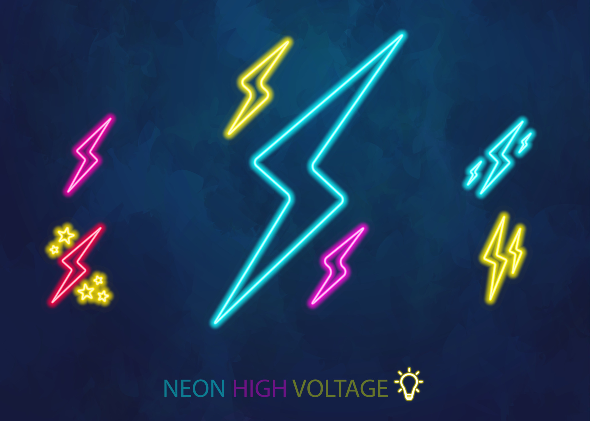 Lightning bolt flash neon icon in different colors. High voltage