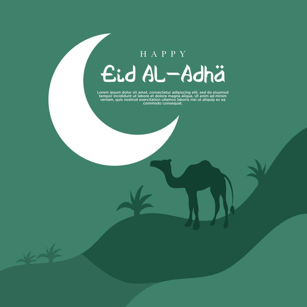 Eid al-Adha celebration. Greeting card with sacrificial lamb and crescent moon on cloudy night background. Vector illustration.