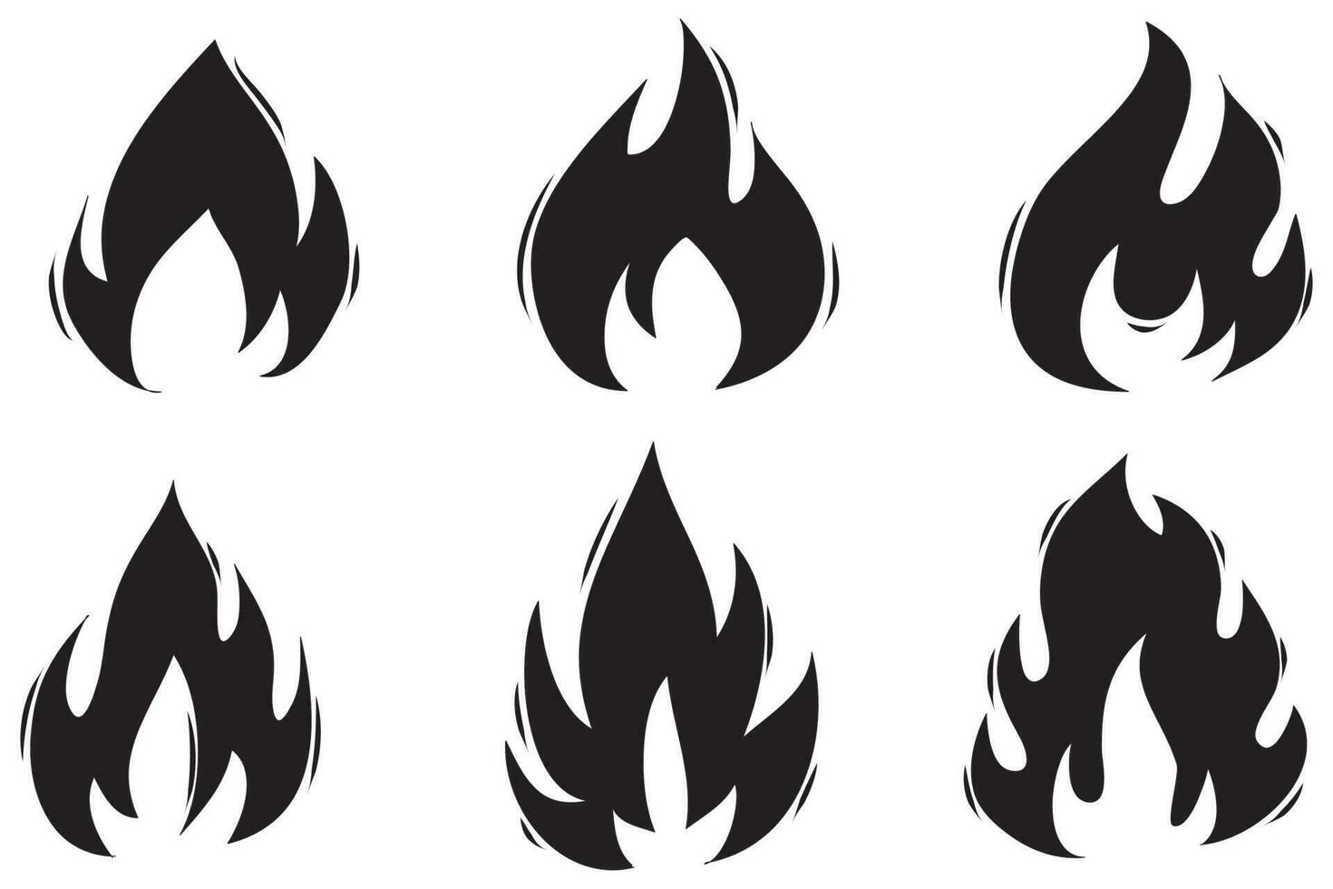 iconos de fuego dibujados a mano. conjunto de vectores de iconos de llamas de fuego. fuego de boceto de garabato dibujado a mano, dibujo en blanco y negro. símbolo de fuego simple.