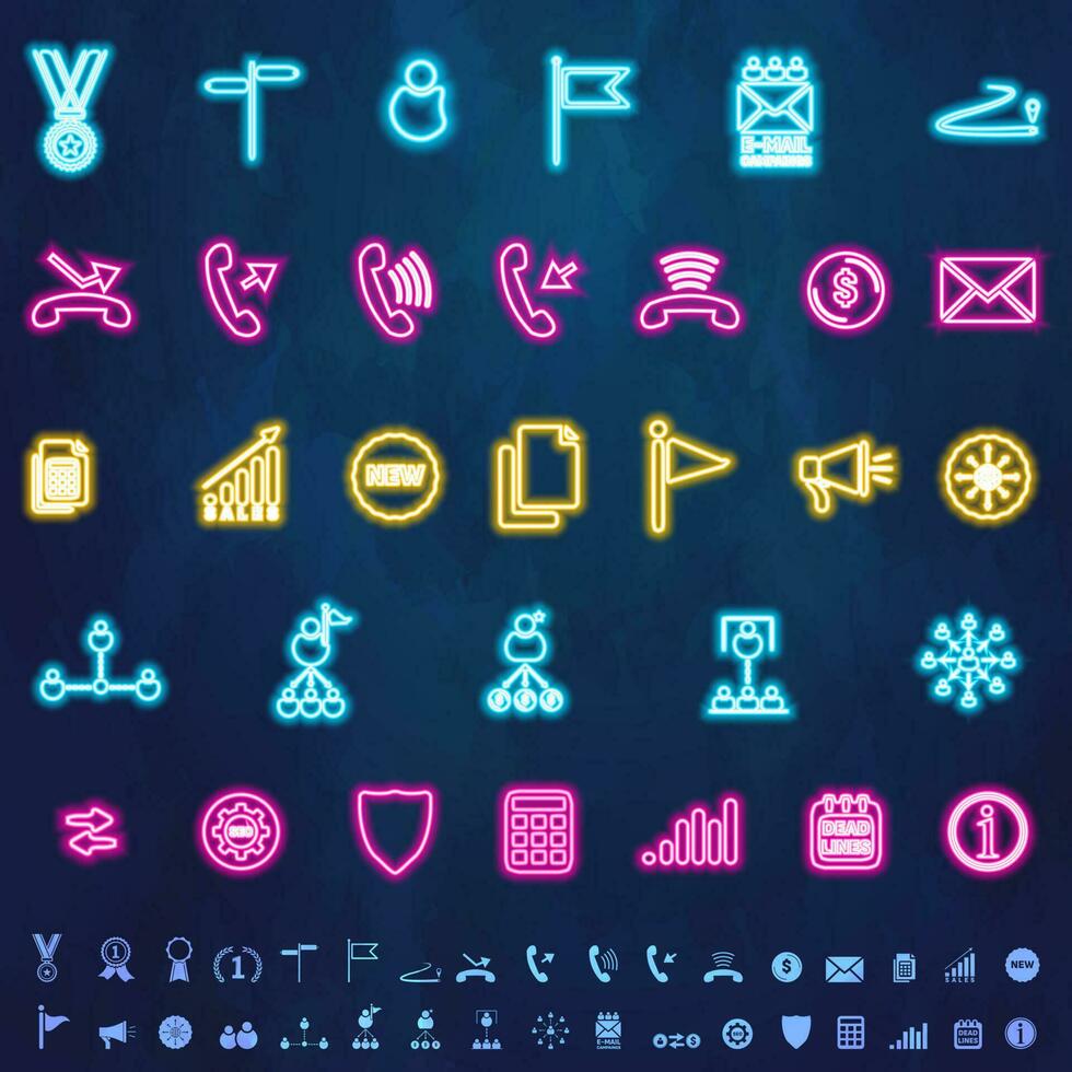 Set of neon icons for business and marketing. Futuristic neon glowing icons collection. vector