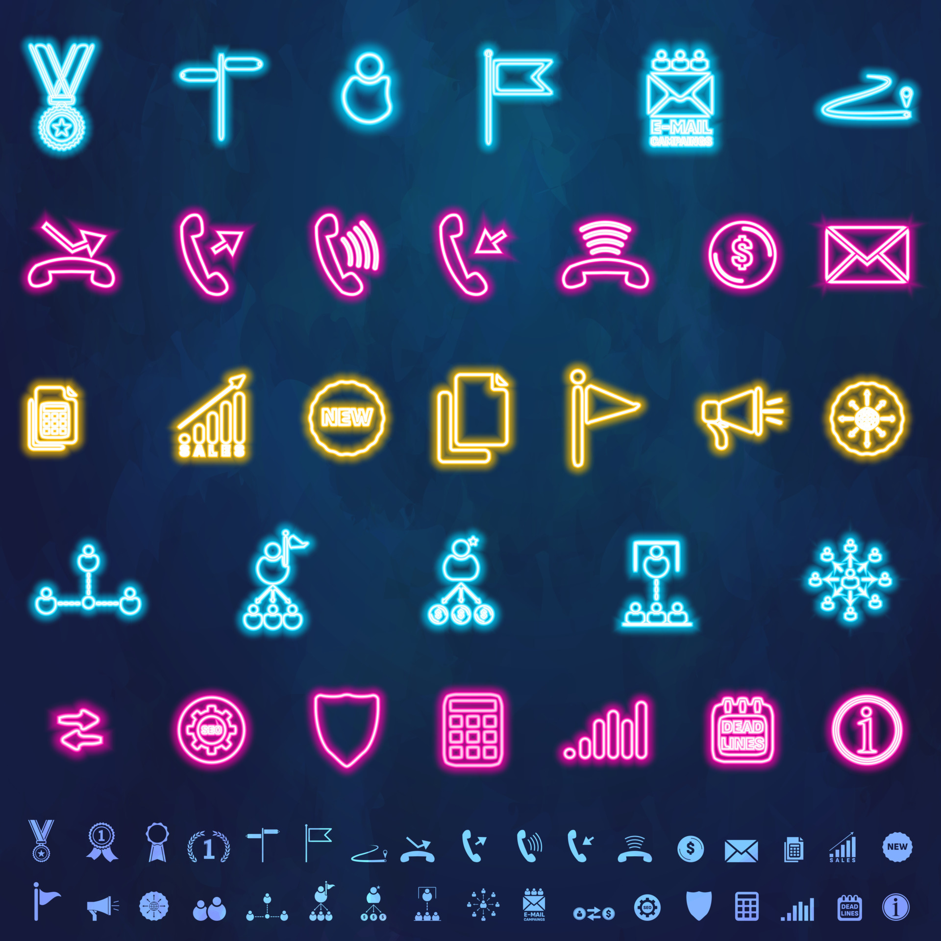 Set of neon icons for business and marketing. Futuristic neon glowing ...