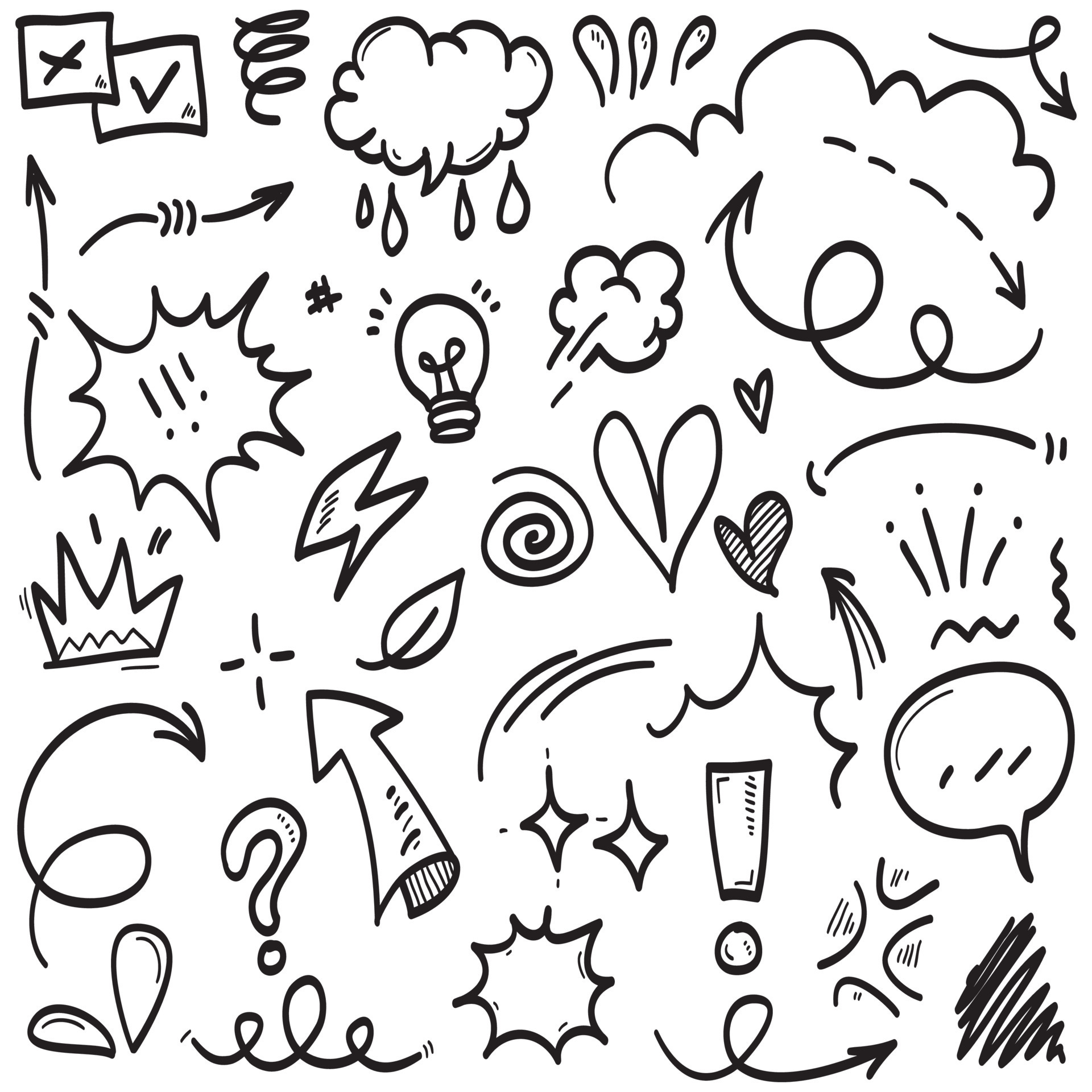 Vector set of hand-drawn cartoony expression sign doodle, curve ...