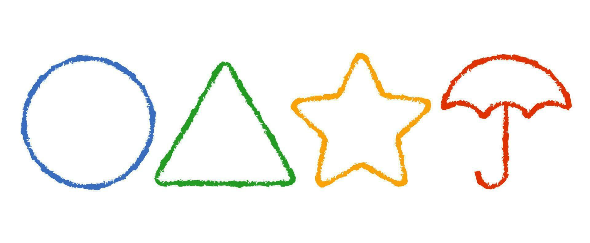Vector icons of circle, triangle, star and umbrella in kids style on white background.