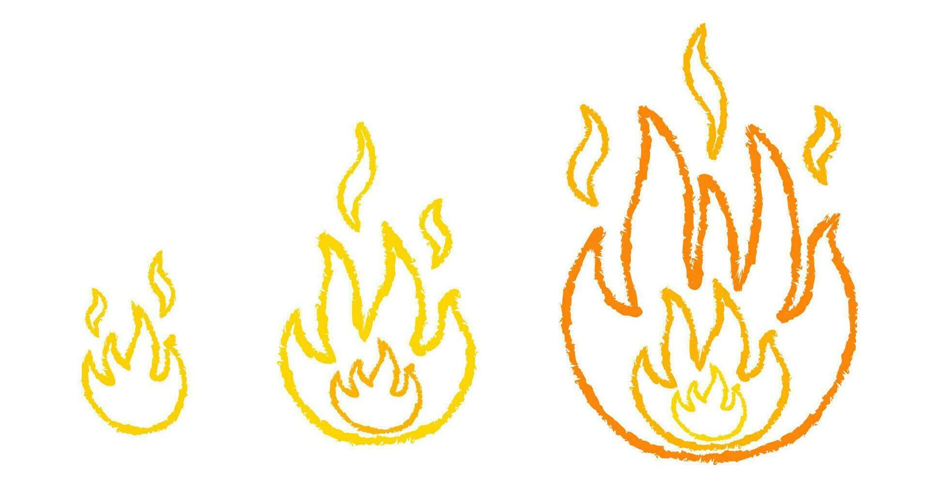 Vector set three icons of fire in hand drawing style.