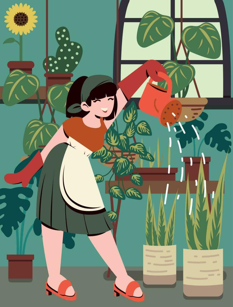 happy girl watering plants inside a house vector