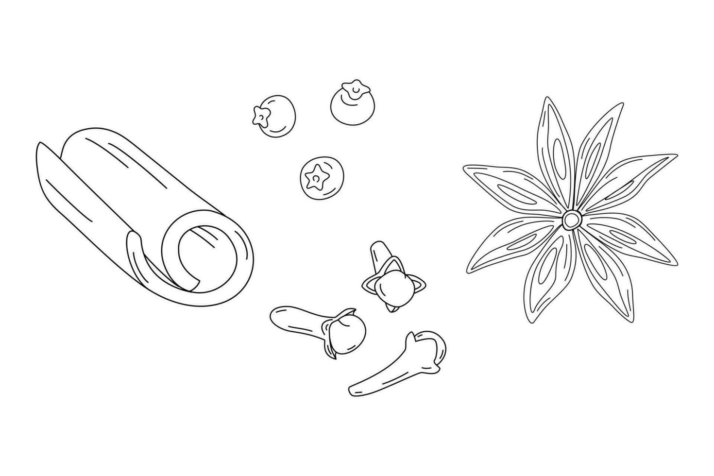 Set of spices for mulled wine. Hand drawn cinnamon stick, cloves, star anise and allspice. Vector. vector