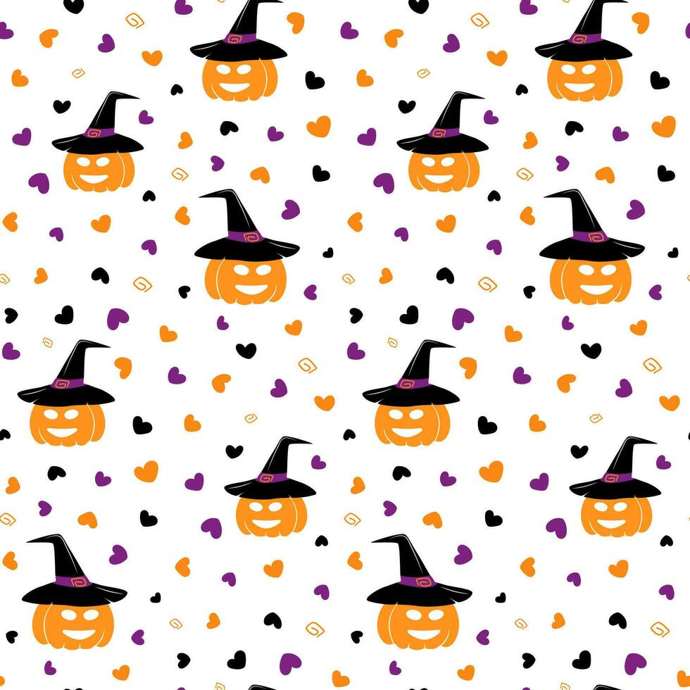 Seamless pattern of Halloween smiling pumpkin in a witch hat and hearts around in trendy shades. EPS vector
