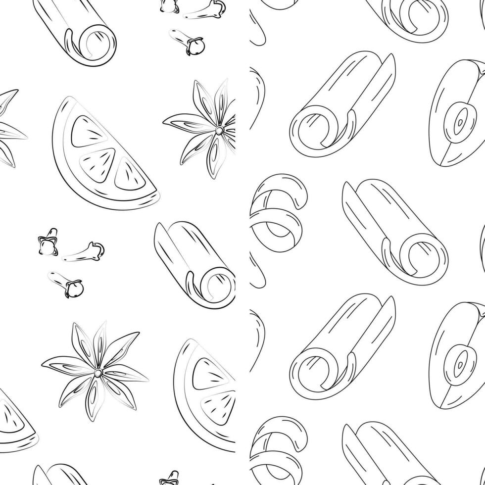 Set of 2 seamless patterns with spice ingredients for mulled wine. Hand drawn Line Art. Vector. EPS vector