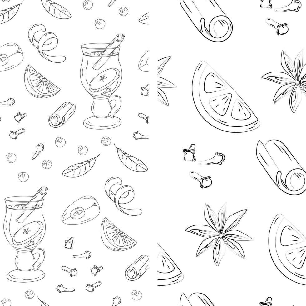 Set of 2 seamless patterns with cup of mulled wine and spice ingredients. Hand drawn Line Art. EPS vector