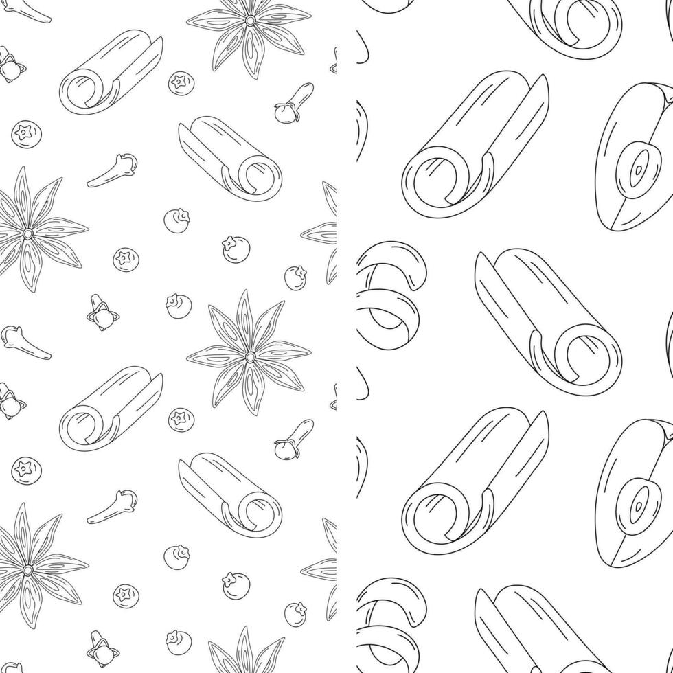 Set of 2 seamless patterns with spice and ingredients for mulled wine. Hand drawn Line Art. EPS vector