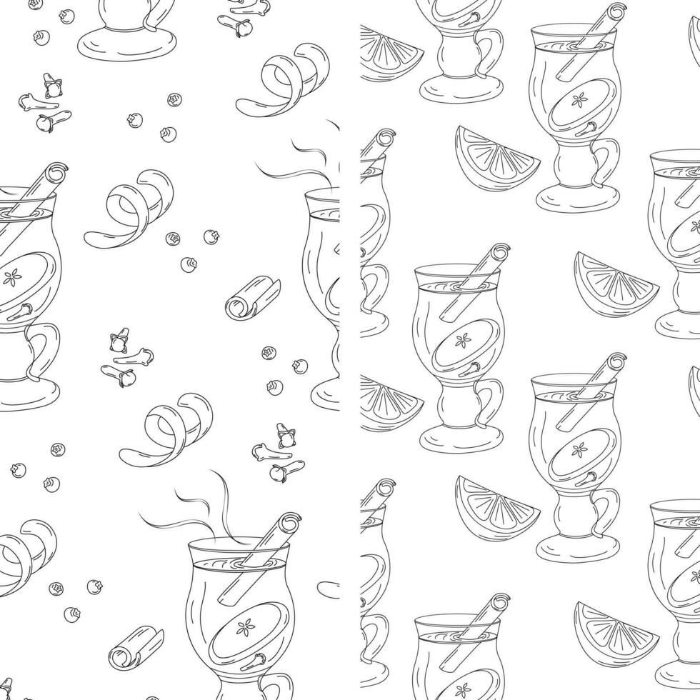 Set of 2 endless pattern with cup of mulled wine and spices. Hand drawn Line Art design. Vector. EPS vector