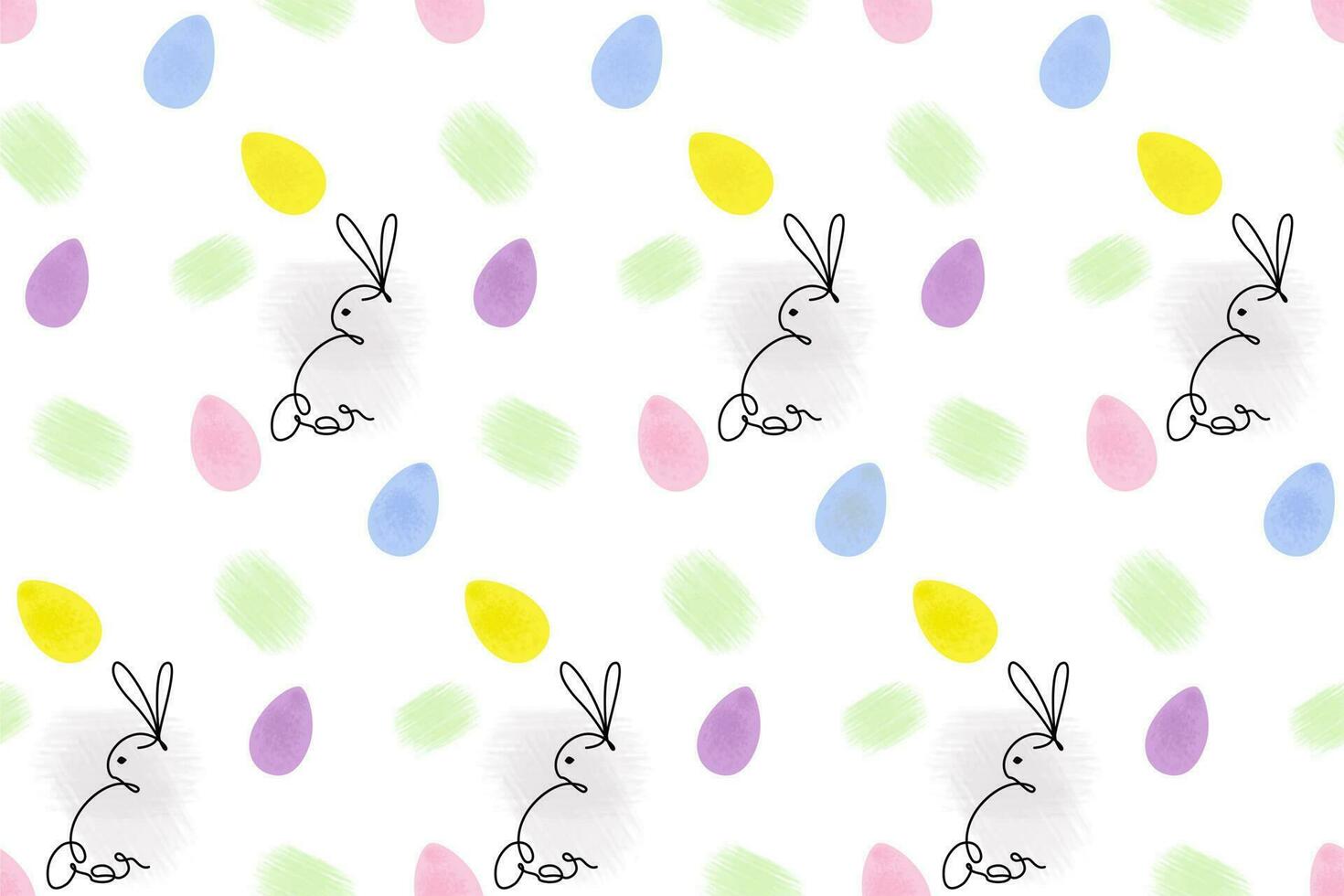 Endless pattern of Rabbits in one continuous line and colorful Easter eggs with hand drawn elements. vector