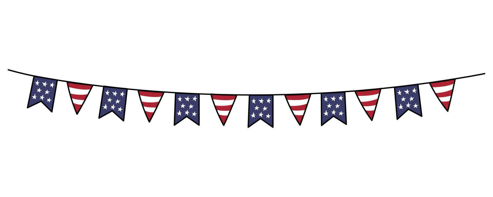 USA flags bunting, streamer. Vector doodle illustration. Decorative party banner in style of United States of America flags. Design element for Independence Day July 4