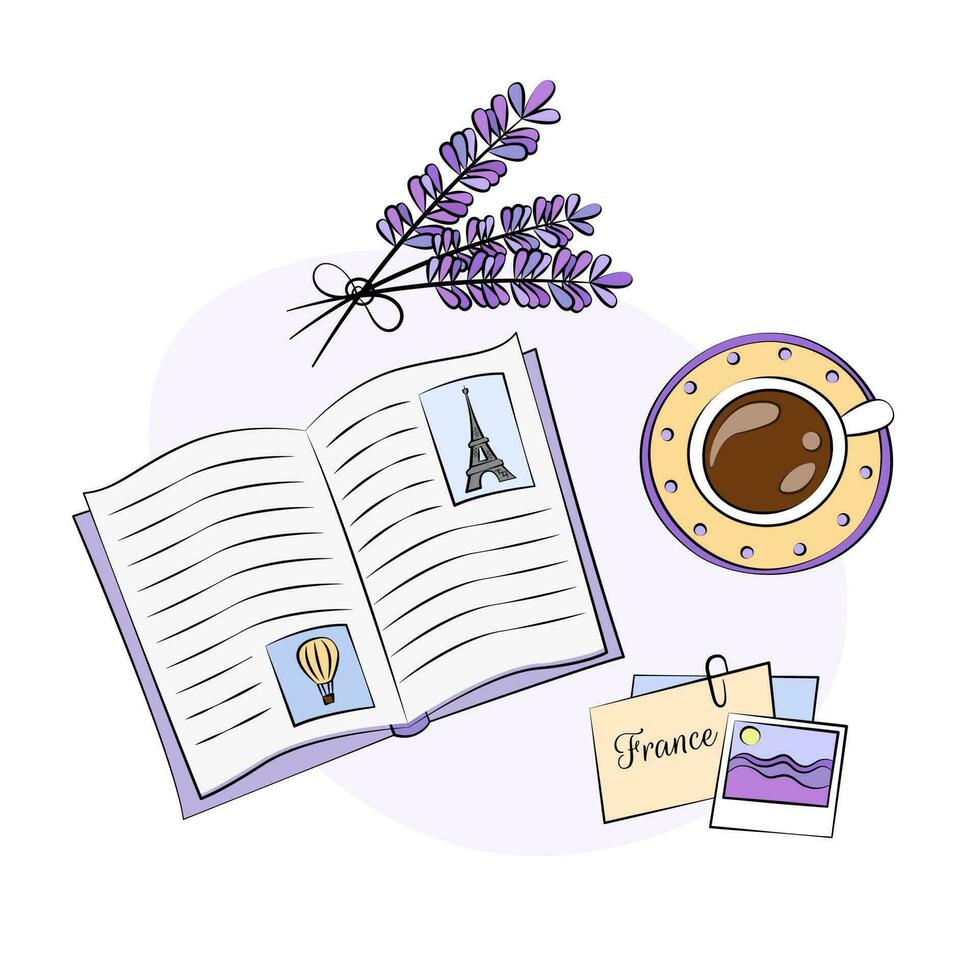 vacaciones recuerdos vector ilustración. nostalgia para viaje a Francia. nostálgico diario o libro, taza de café, foto de lavanda campos y eiffel torre. francés diseño con provence vibras.