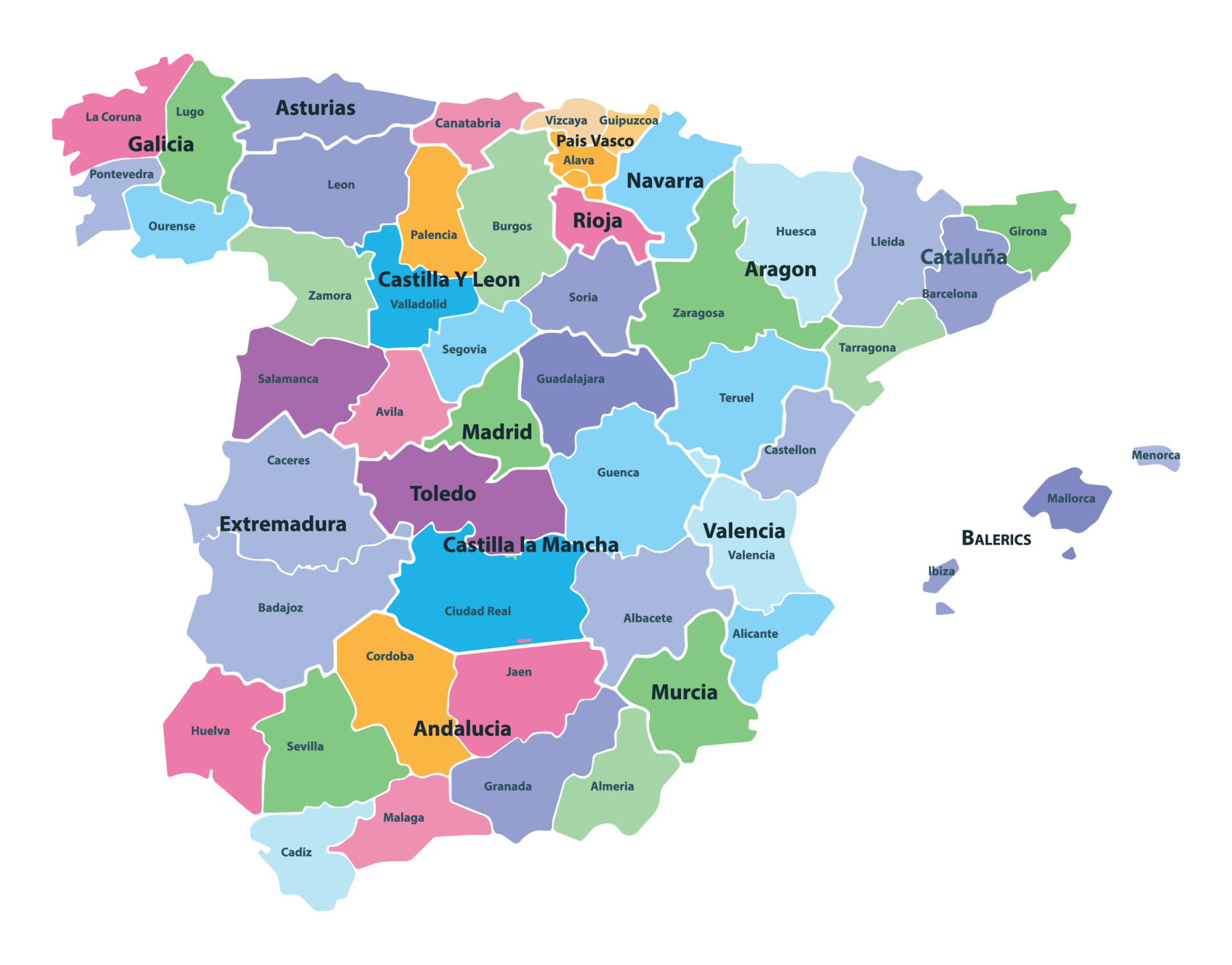 The detailed map of the Spain with regions or states and cities ...