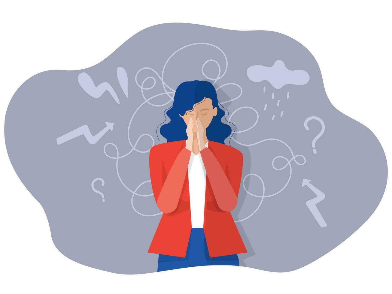 woman suffers from obsessive thoughts, headache, unresolved issues, psychological trauma, Restless , Mental compulsive disturb depression character, disorder in head   Flat vector illustration