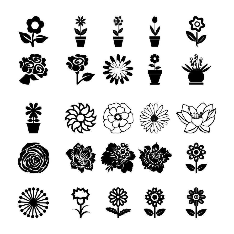 Silhouettes of simple vector flowers. Cute round flower plant nature collection. Collection of high quality black style vector icons. Daisy icon or Cosmos icon set. Free vector illustration.