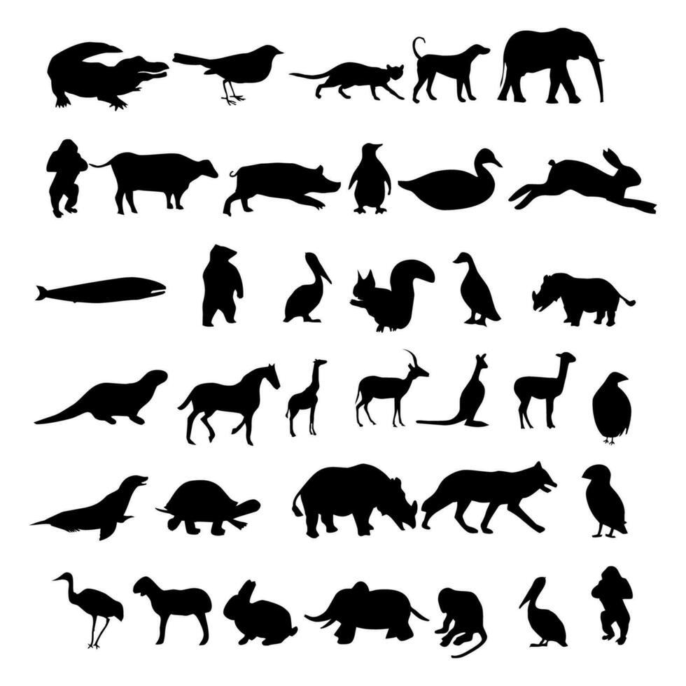 Collection of animal silhouettes. Farm animals silhouettes collection. Wild animals set. Set of silhouettes of different animals. Free vector illustration.