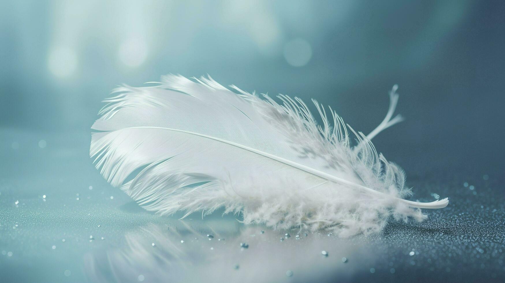 a bright blue background with one white feather, in the style of soft and dreamy pastels, glimmering light effects, nature inspired imagery, fairycore, soft focal points, generate ai photo